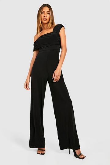 Black Double Slinky Off The Shoulder Wide Leg Jumpsuit