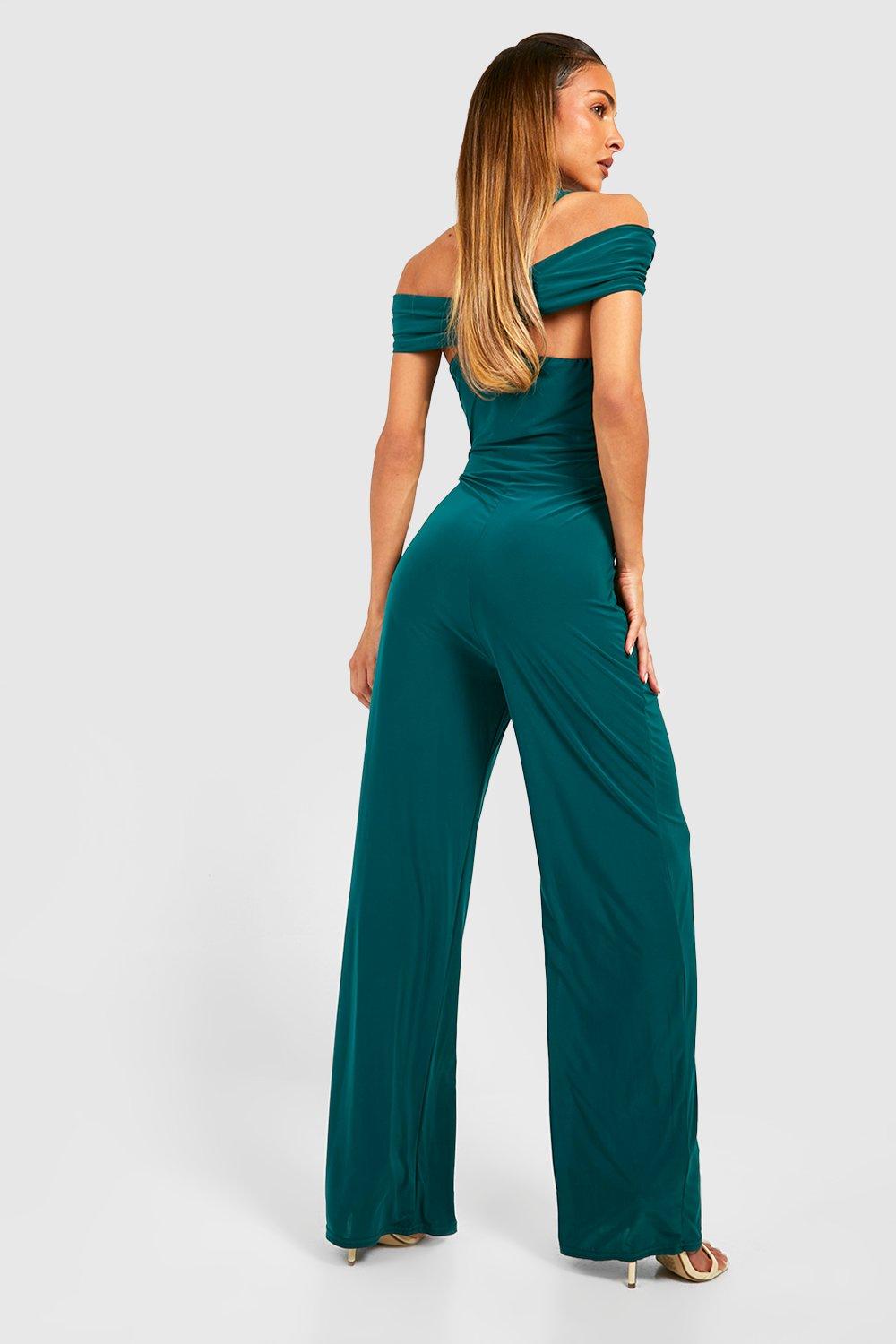 XLARGE スタジャンGreen Double Slinky Twist Neck Wide Leg Jumpsuit | boohoo