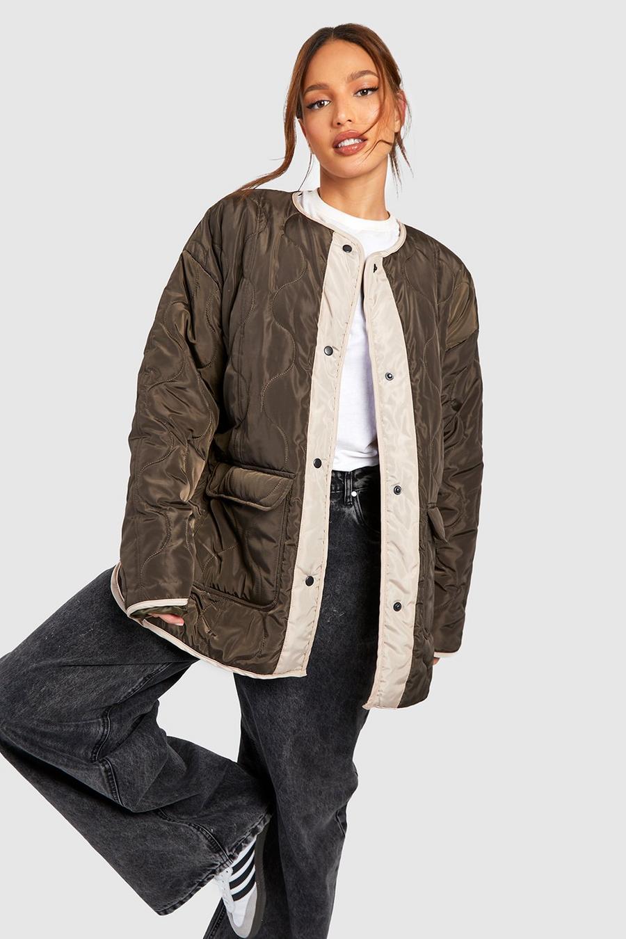 Khaki Tall Oversize jacka med quiltade detaljer image number 1
