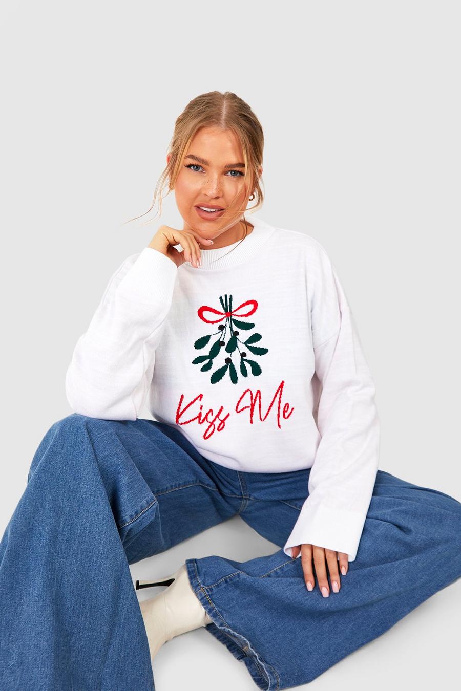 Maglione natalizio Plus Size con slogan Kiss Me e motivi Fairisle, White