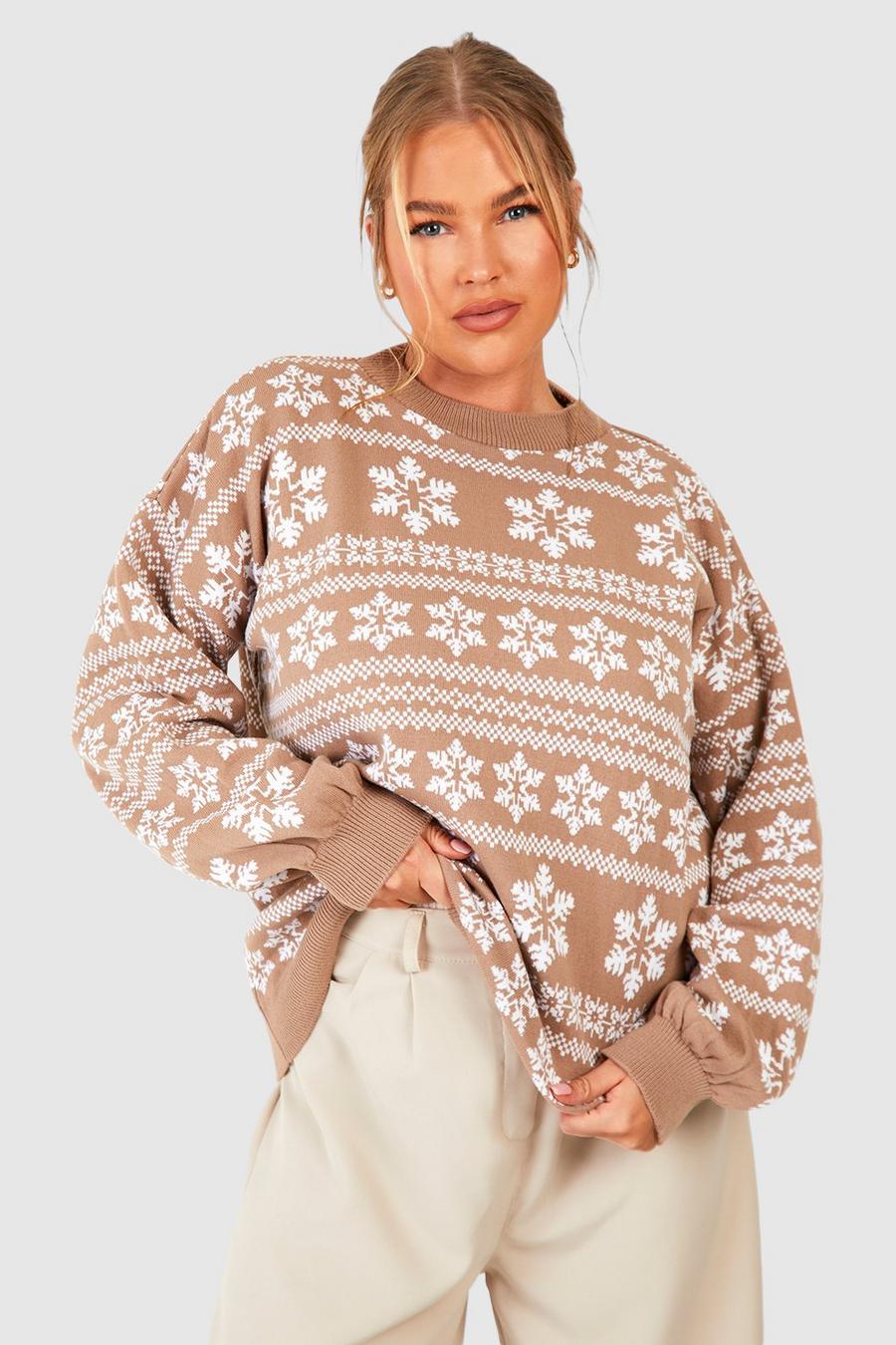 Taupe Plus Slouchy Fairisle Christmas Crop Sweater