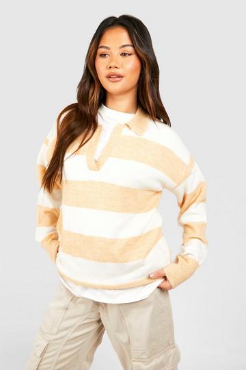 Stone Beige Stripe Soft Knit Polo Collar Sweater