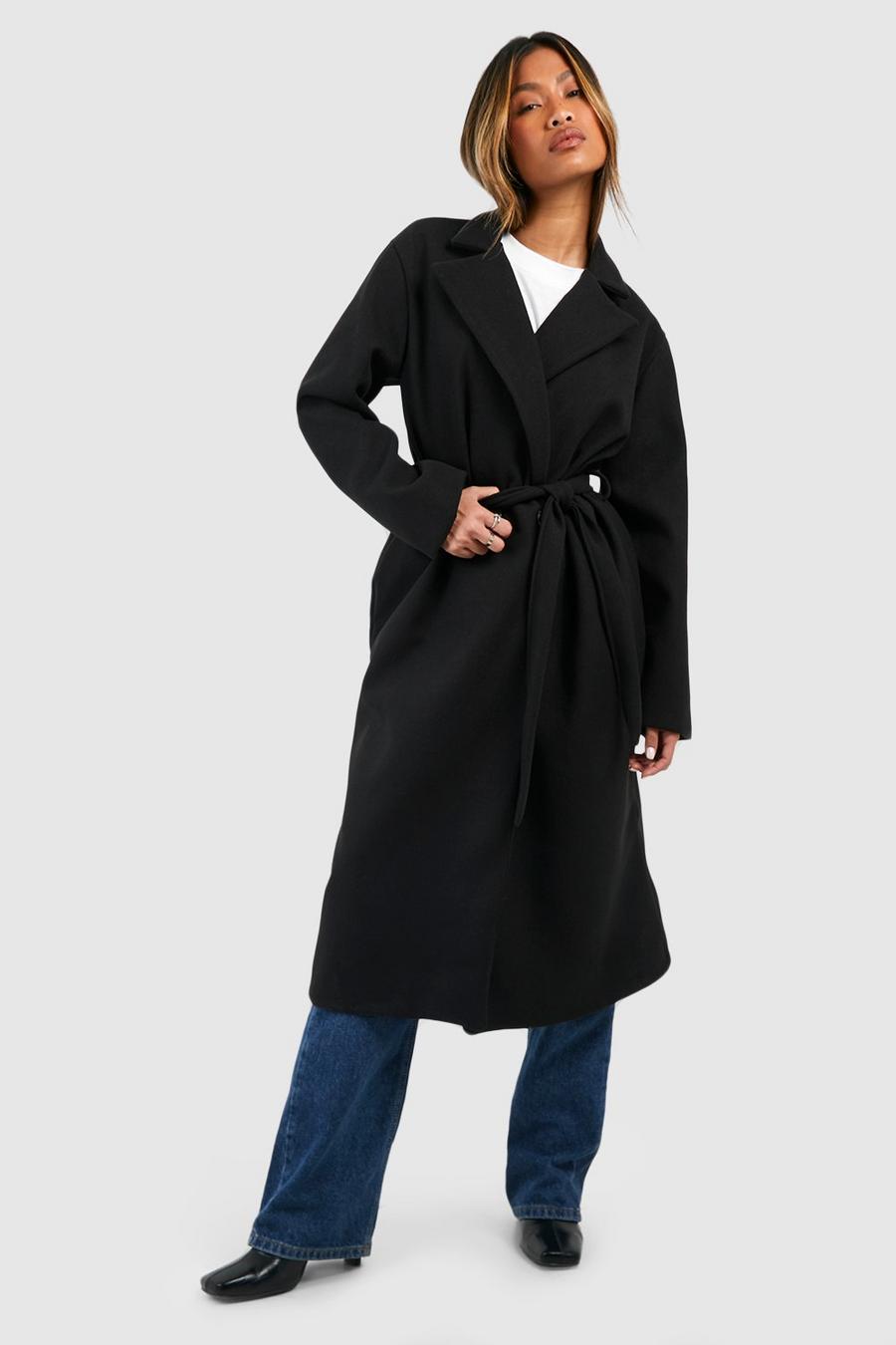 Abrigo efecto lana con cinturón y hombreras, Black image number 1