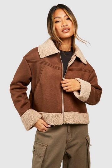 Suedette Borg Trim Aviator Jacket dark brown