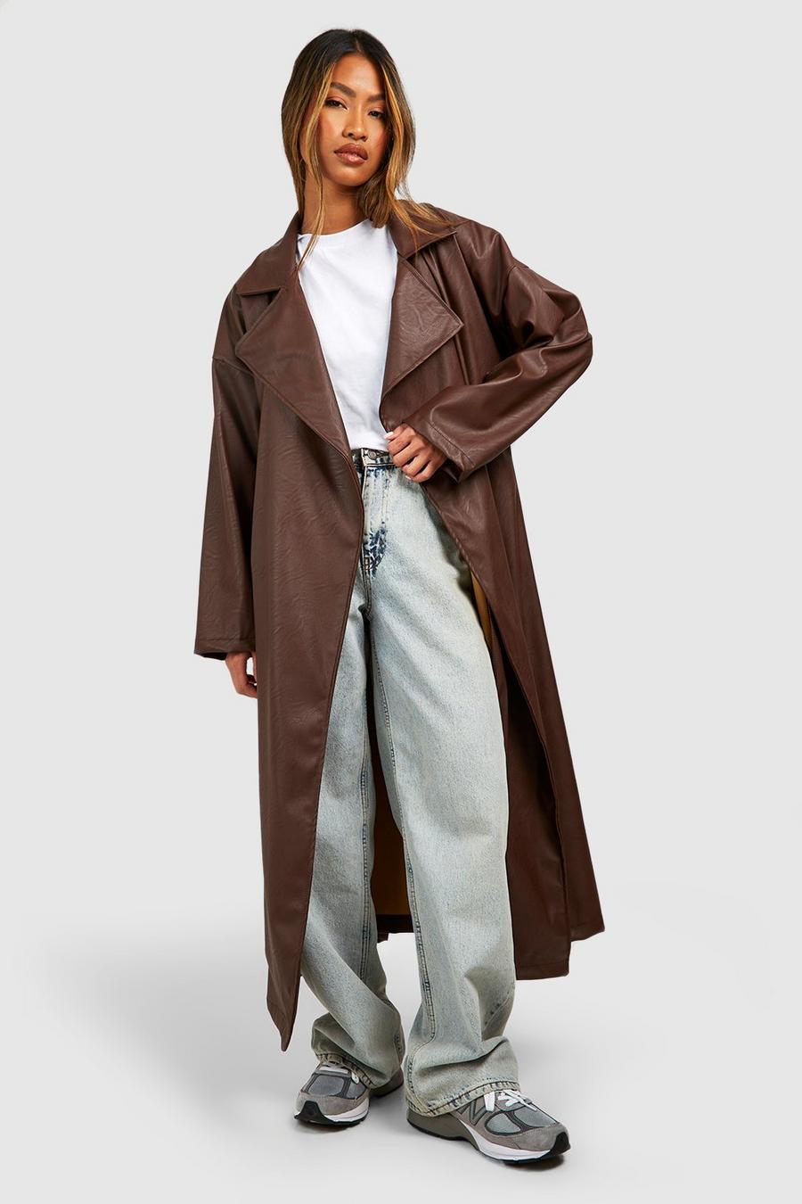 Cappotto Trench maxi in pelle sintetica, Brown image number 1