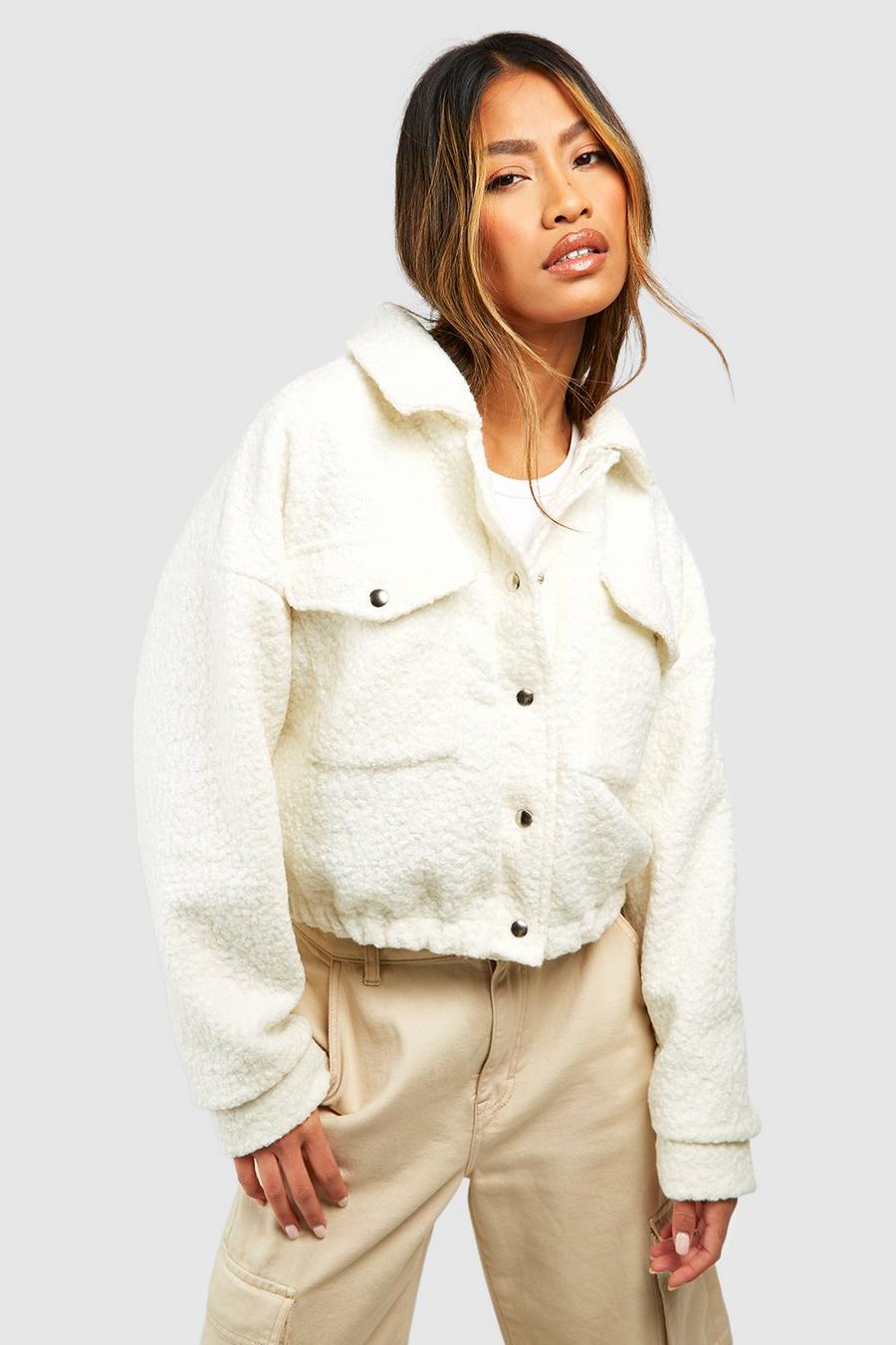 Ecru blanco Textured Wool Look Crop Shacket