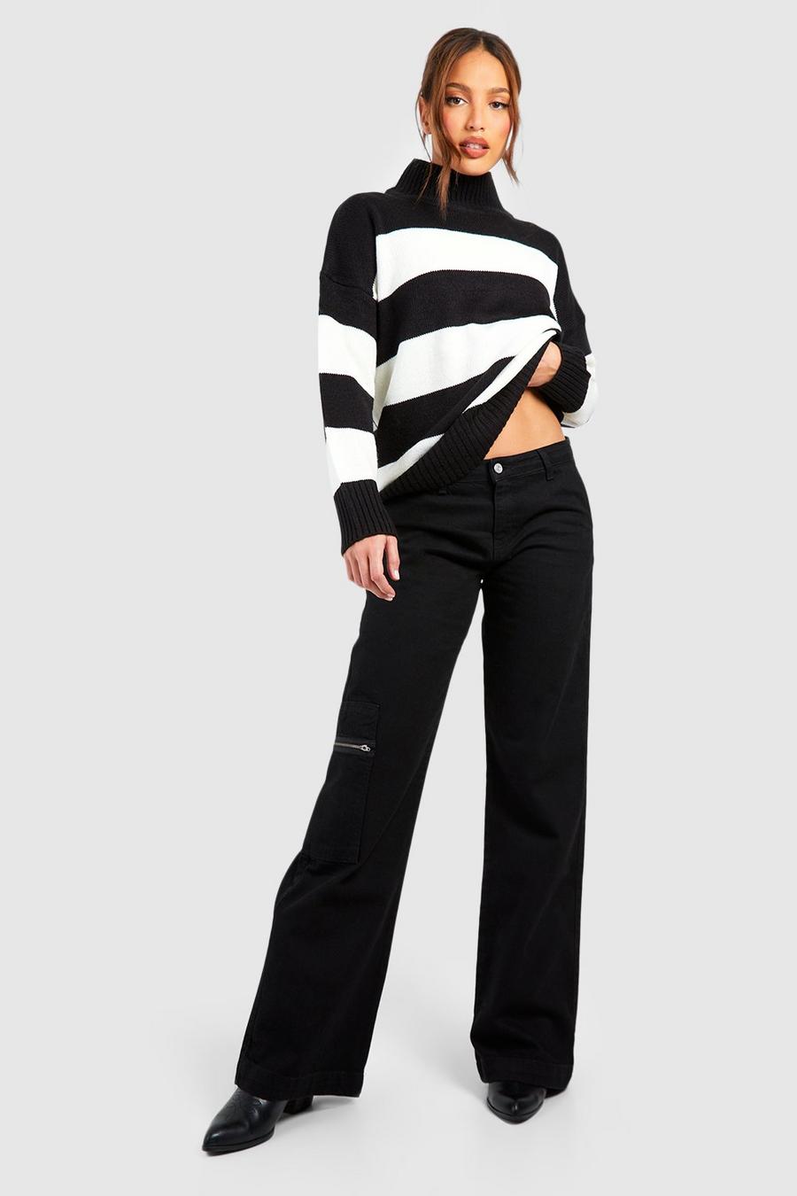 Tall schwarze Low-Rise Cargo-Jeans mit Reißverschluss-Tasche, Black image number 1