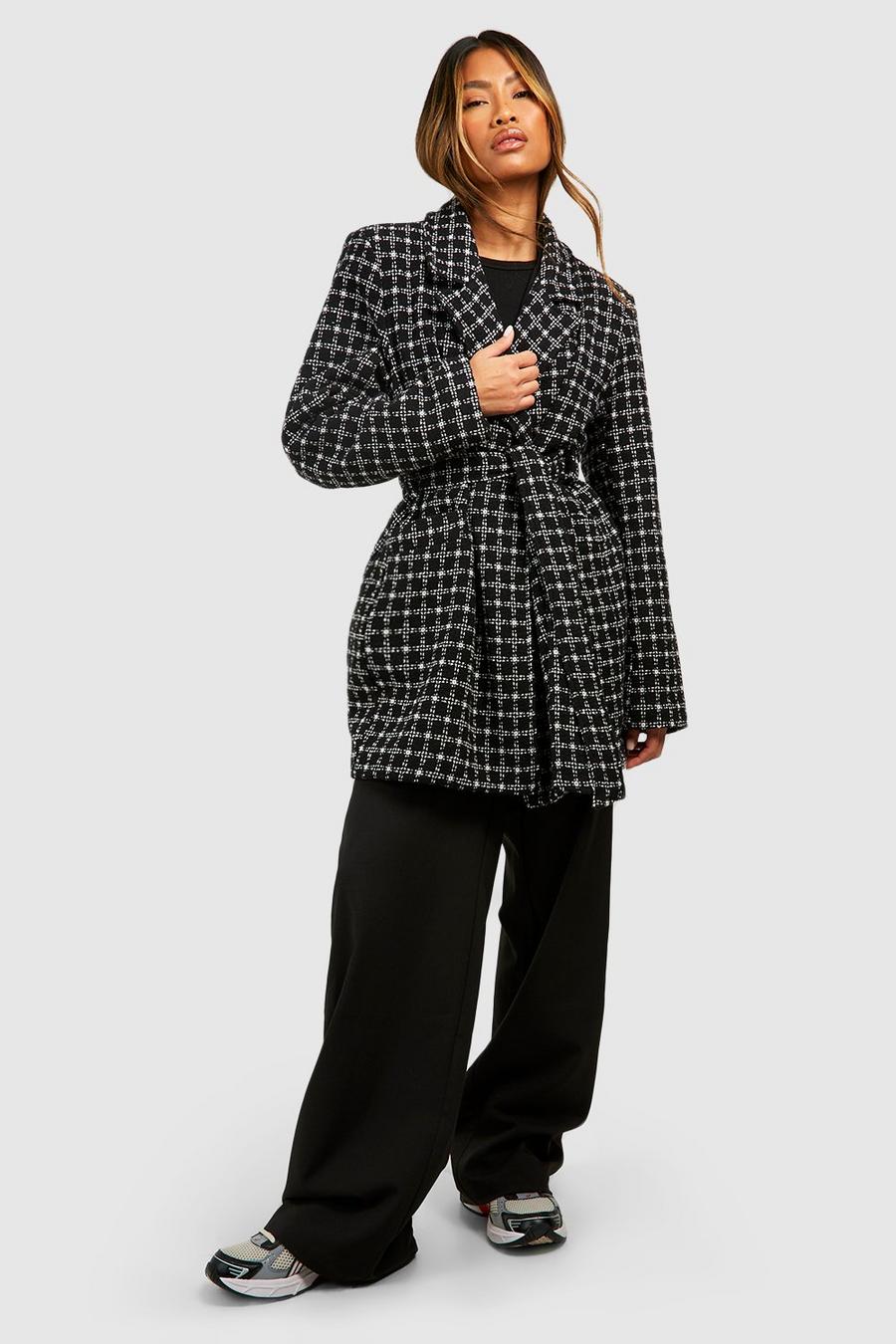 Black negro Check Boucle Belted Coat