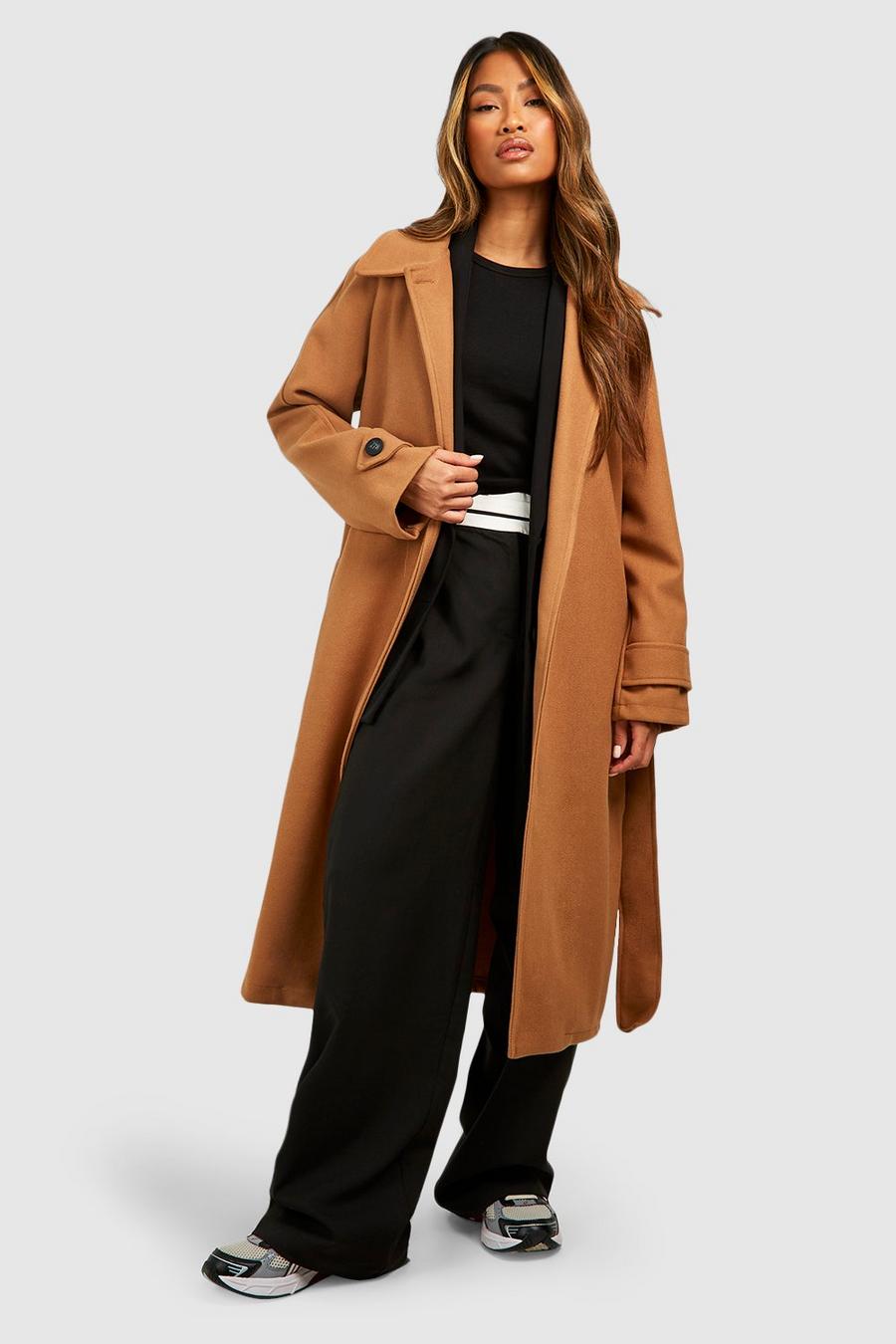 Camel Collared Belted Wool Look Coat image number 1