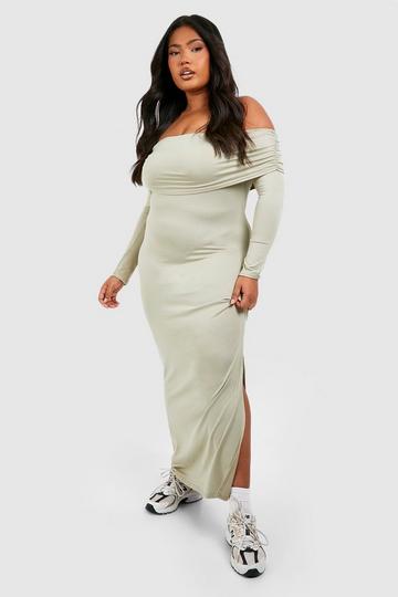 Mushroom Beige Plus Super Soft Off Shoulder Midi Dress