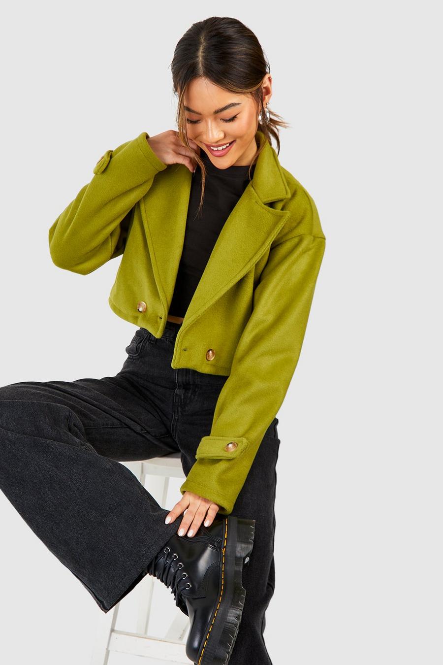 Green vert Textured Wool Look Crop Trench Coat