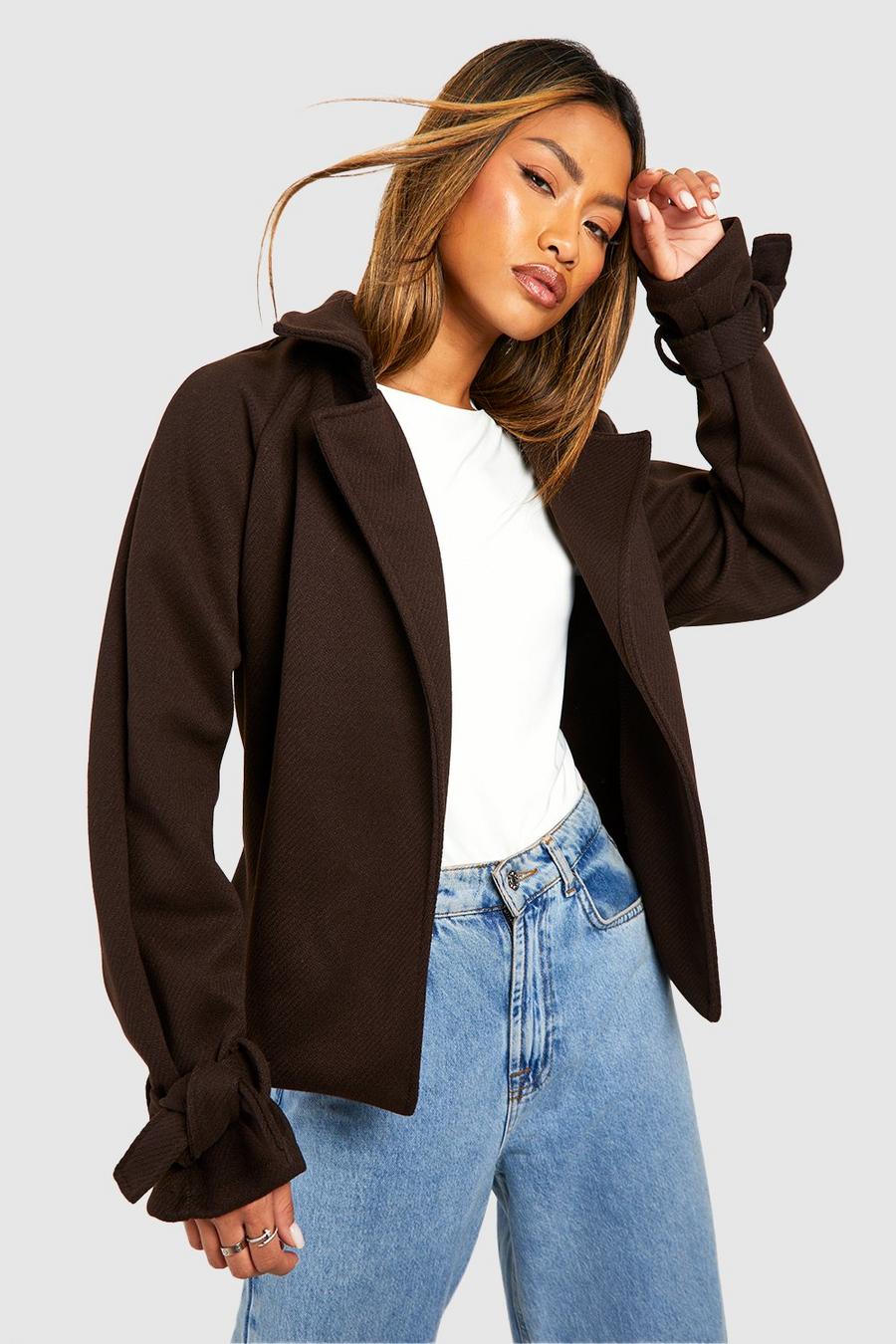 Chocolate Belted Short Textured Wool Look Trench Coat image number 1