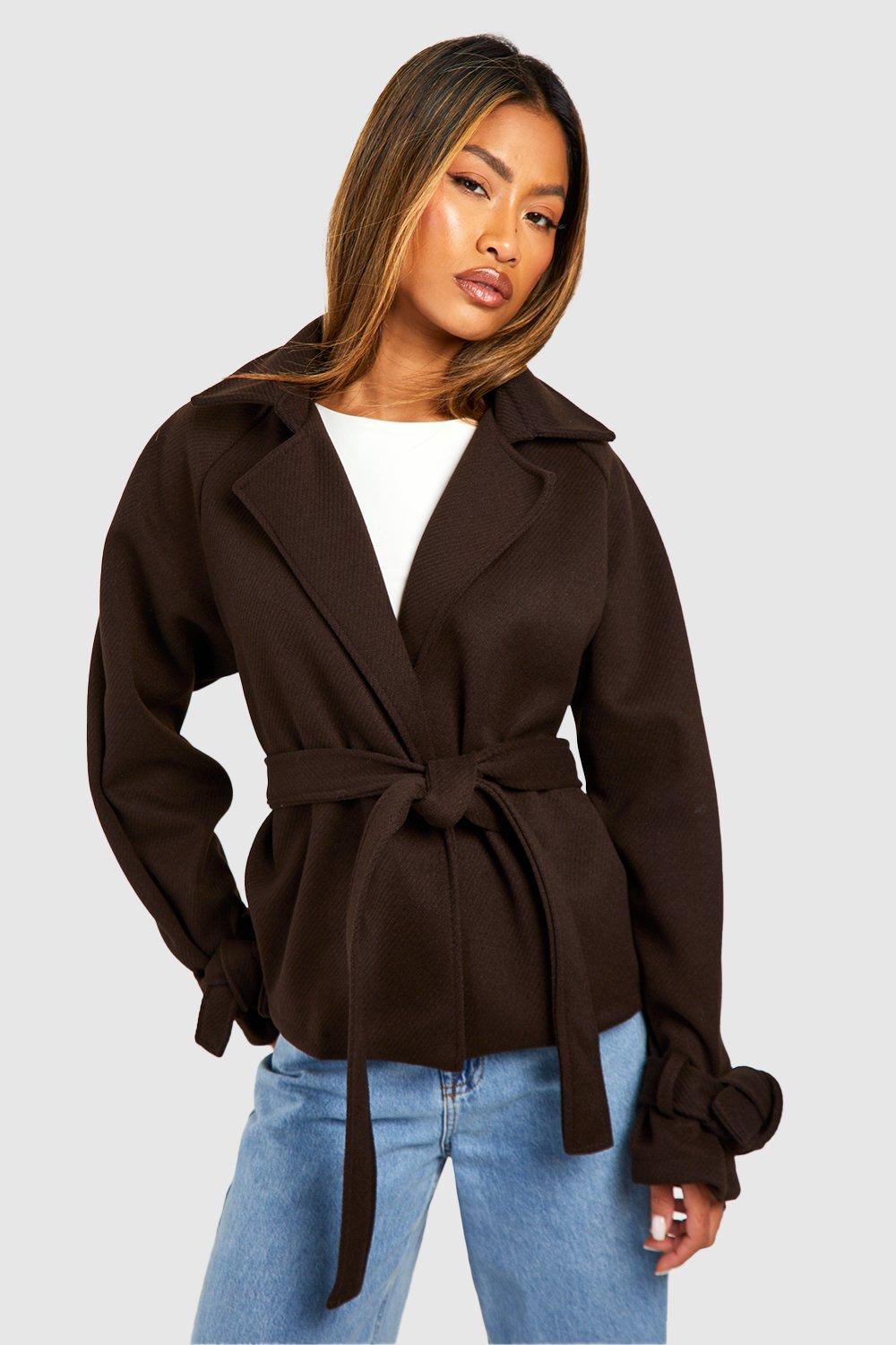 Belted Short Textured Wool Look Trench Coat boohoo
