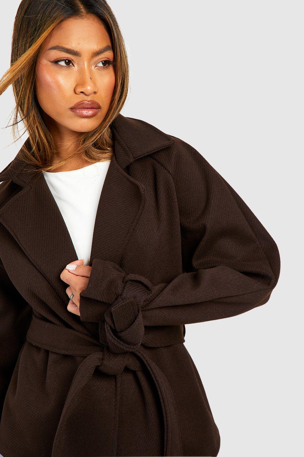 Belted Short Textured Wool Look Trench Coat