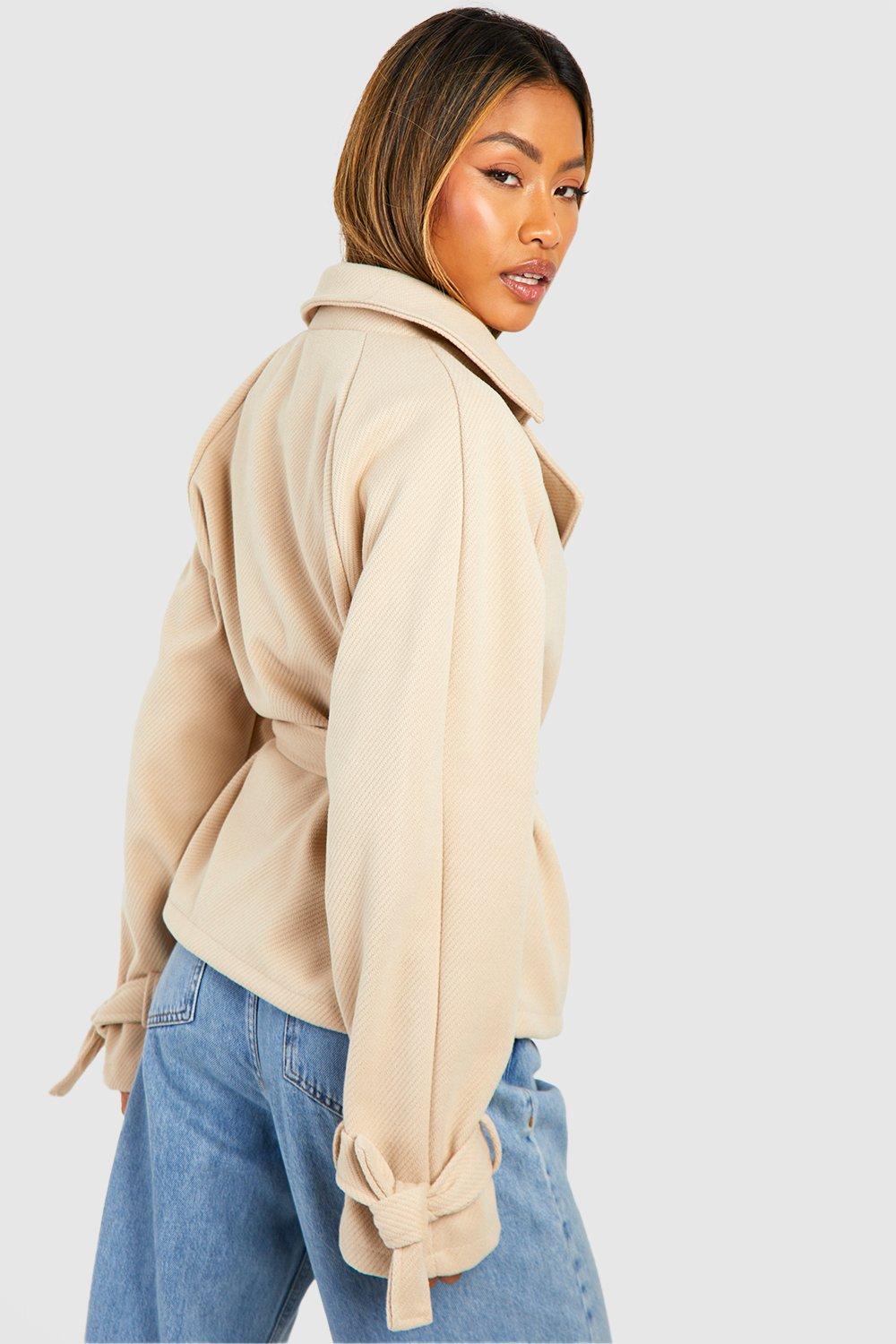 boohoo Belted Short Textured Wool Look Trench Coat - Beige - Size 4