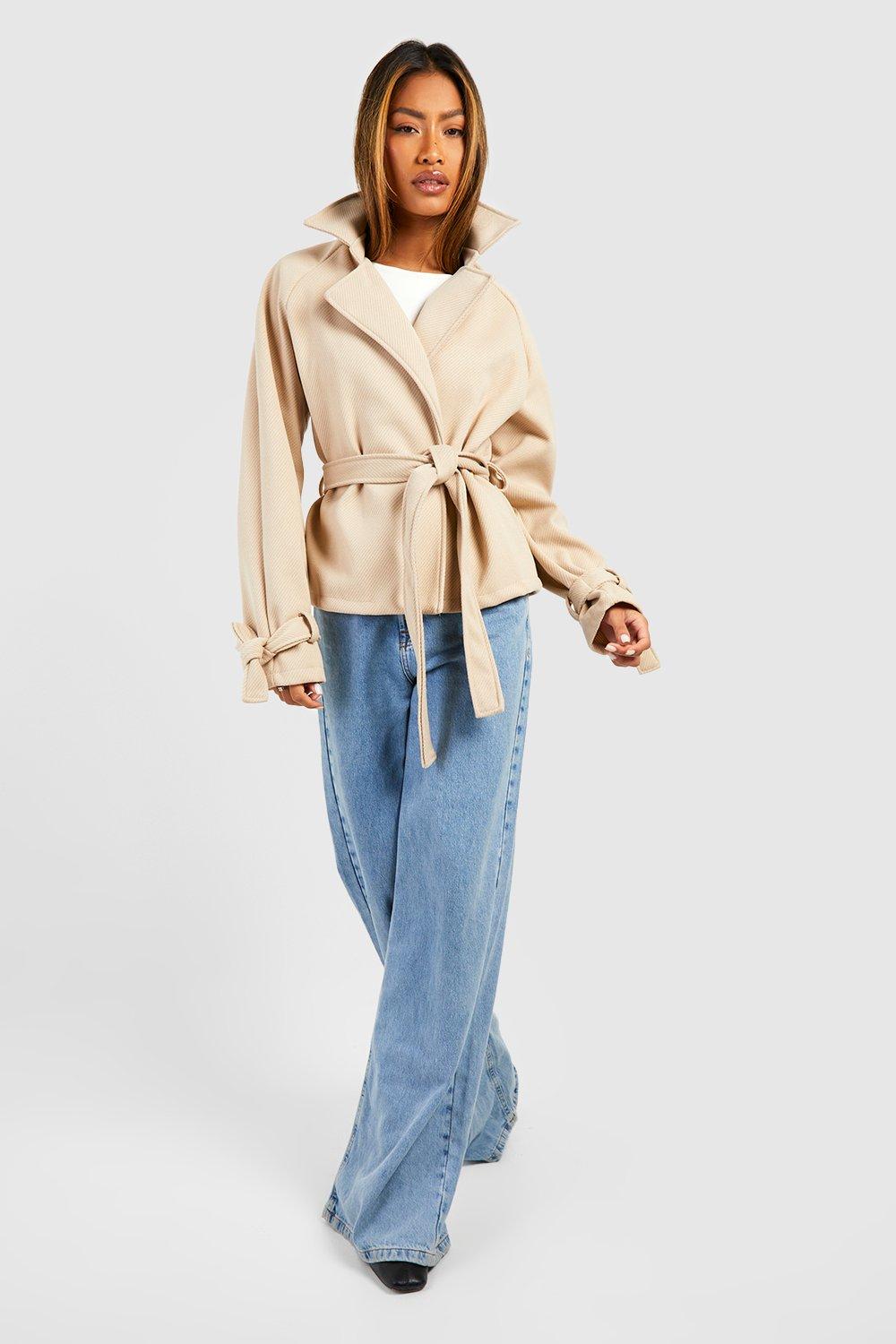 Belted Short Textured Wool Look Trench Coat