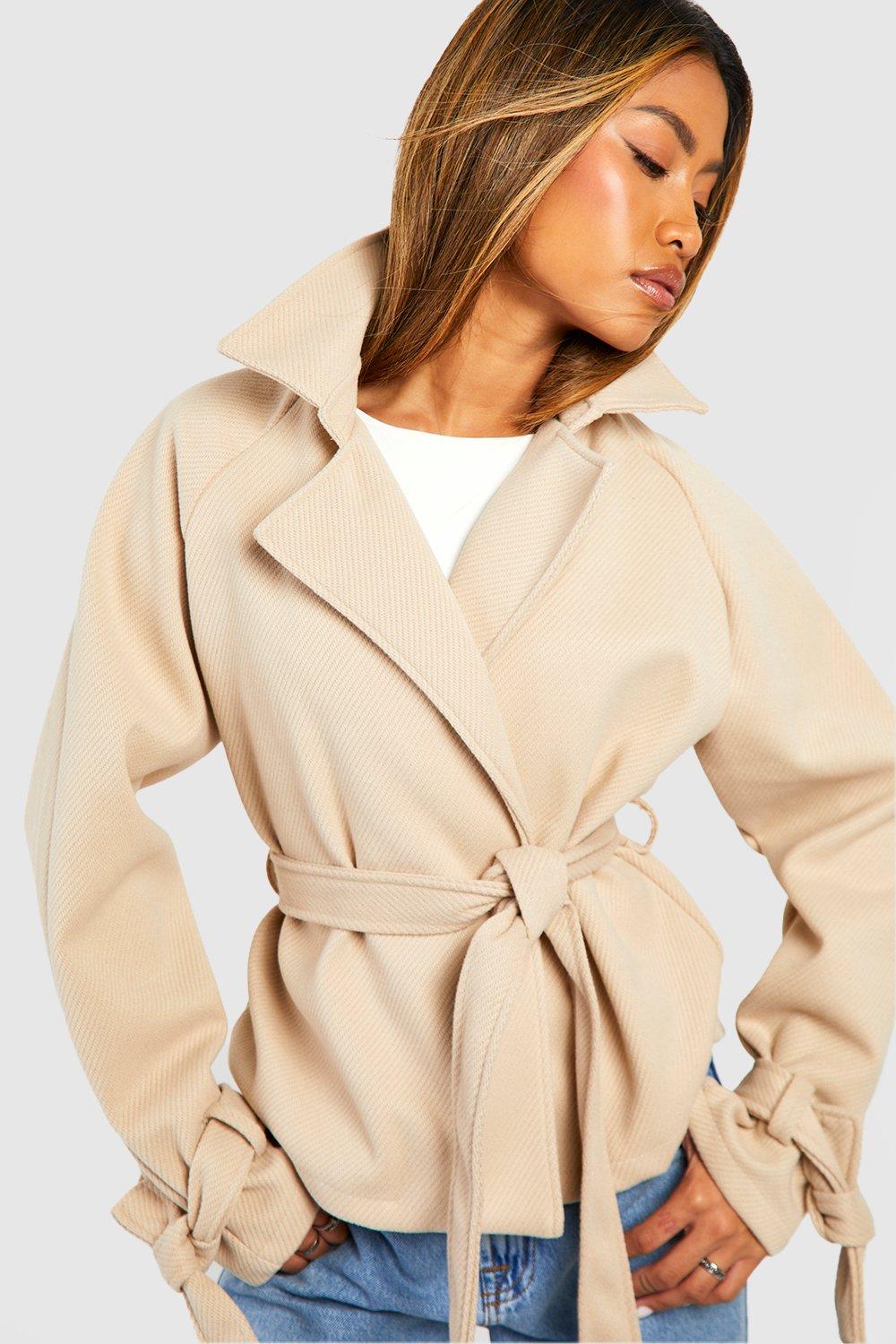 boohoo Belted Short Textured Wool Look Trench Coat - Beige - Size 4