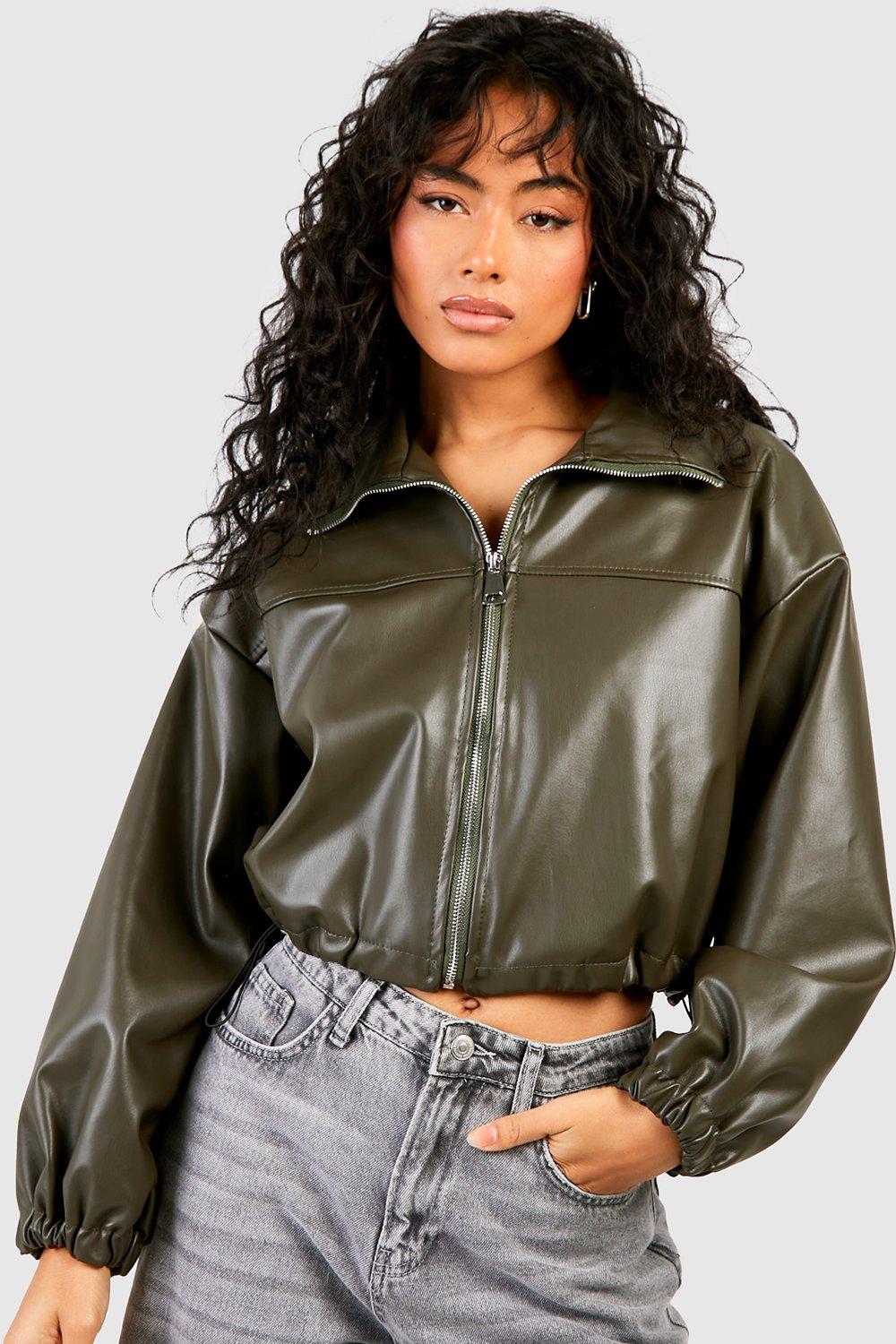 Khaki faux leather jacket sale