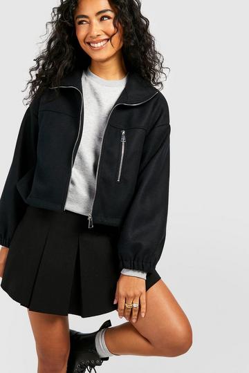 Black Toggle Detail Wool Look Bomber Jacket