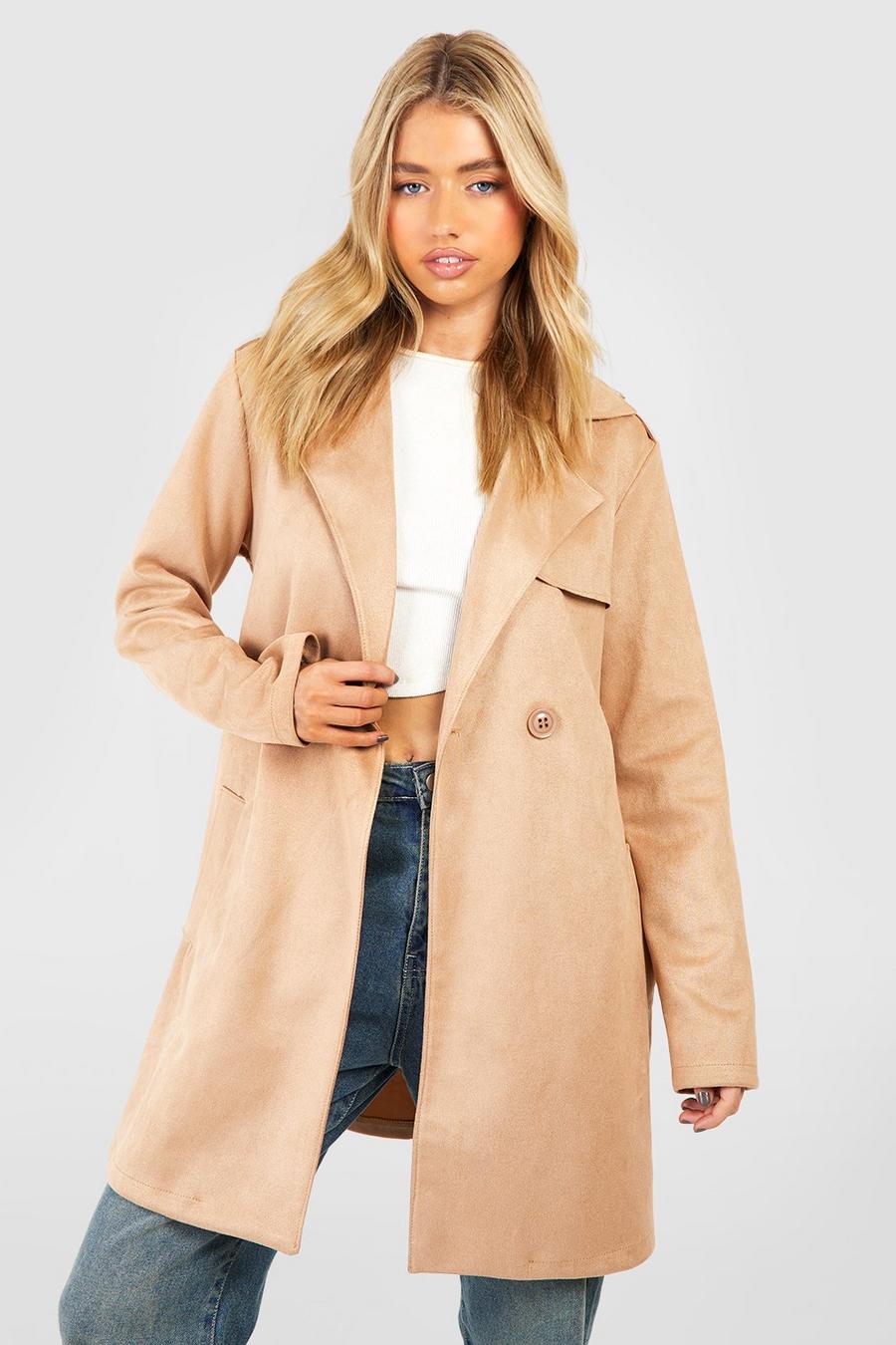 Camel Suede Look Longline Trench Coat image number 1