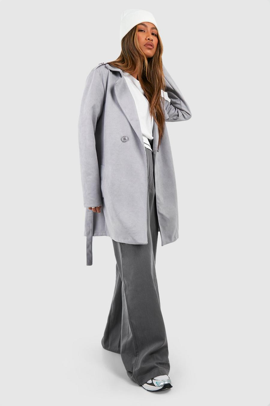 Grey Suede Look Longline Trench Coat