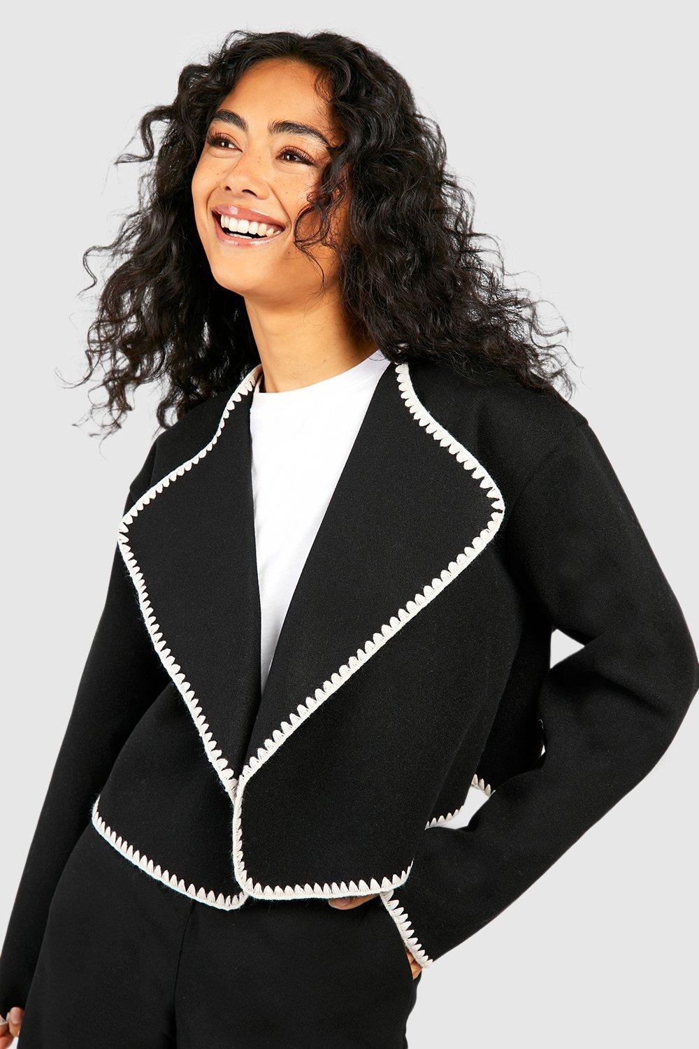 Waterfall Contrast Stitch Detail Wool Look Jacket boohoo