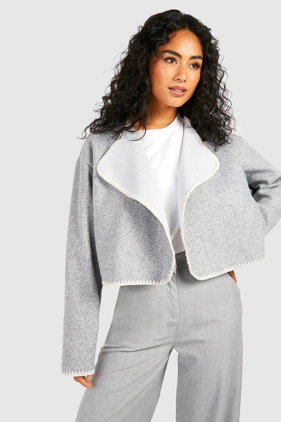 Grey Waterfall Contrast Stitch Detail Wool Look Jacket