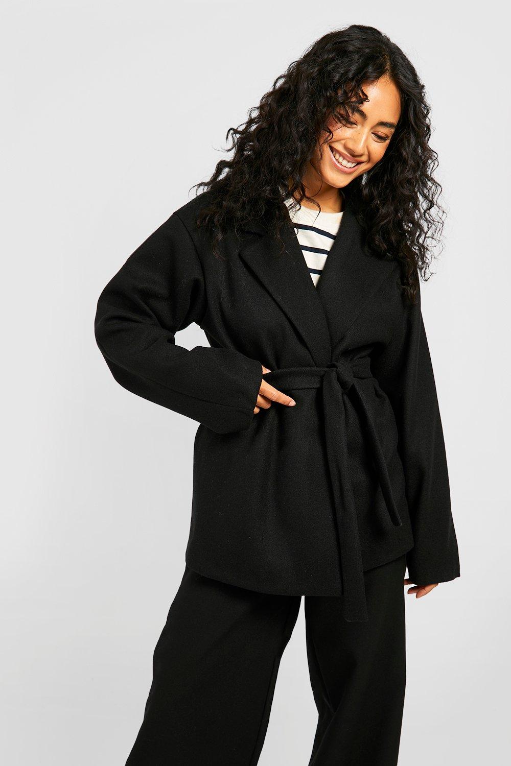 boohoo Short Belted Wool Look Coat - Black - Size 8