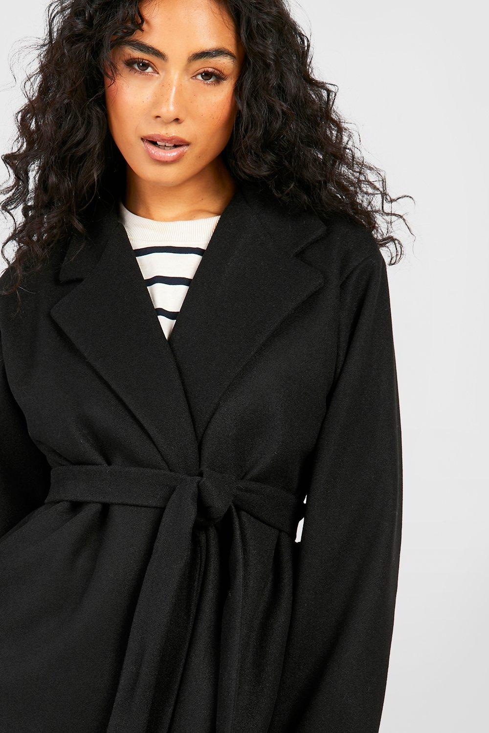 boohoo Short Belted Wool Look Coat - Black - Size 8