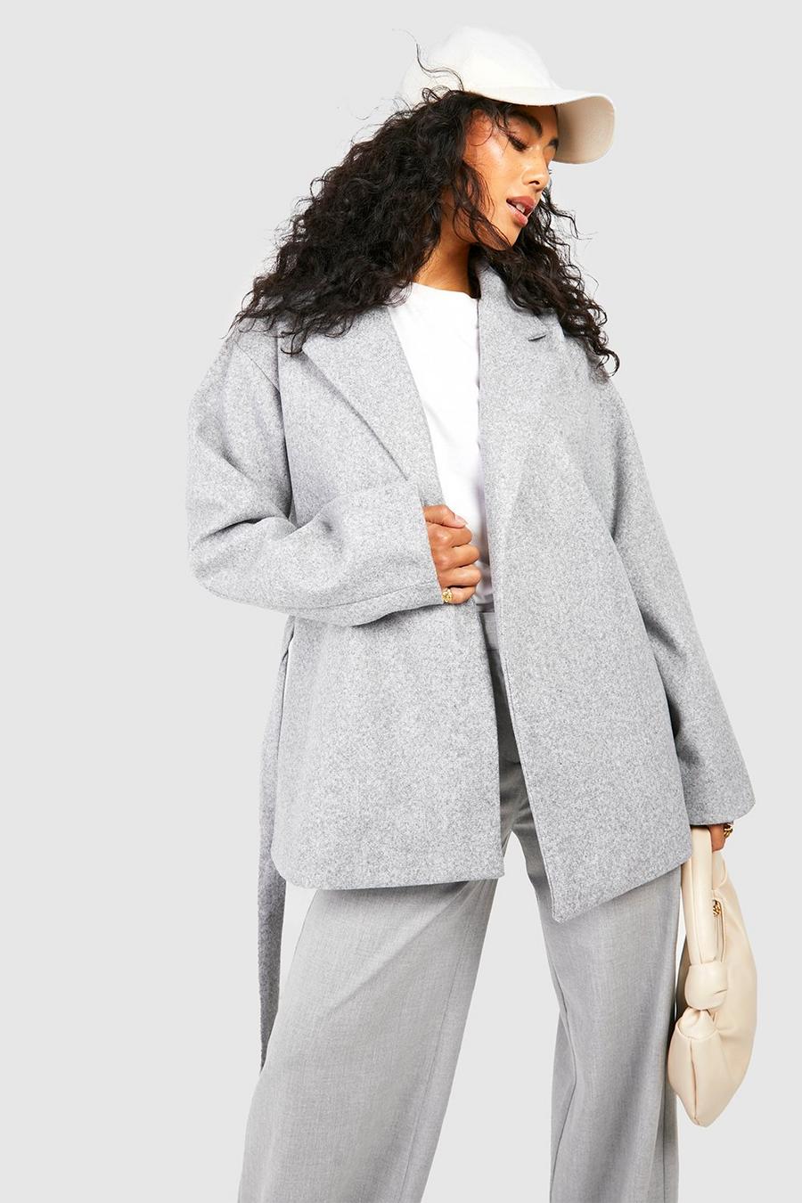 Manteau court effet laine à ceinture, Grey