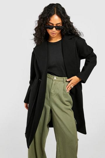 Belt Detail Longline Wool Look Coat black