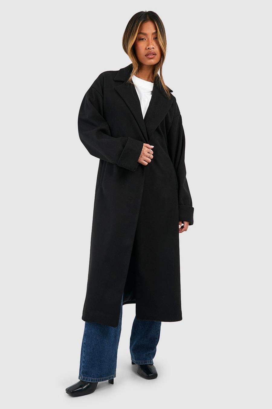 Black Cuff Detail Belted Wool Look Coat image number 1
