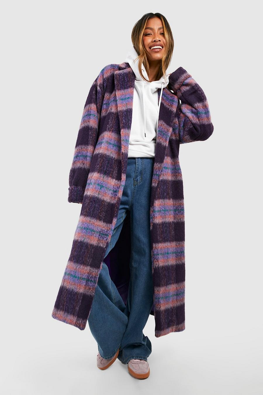 Purple Check Cuff Detail Belted Wool Look Coat
