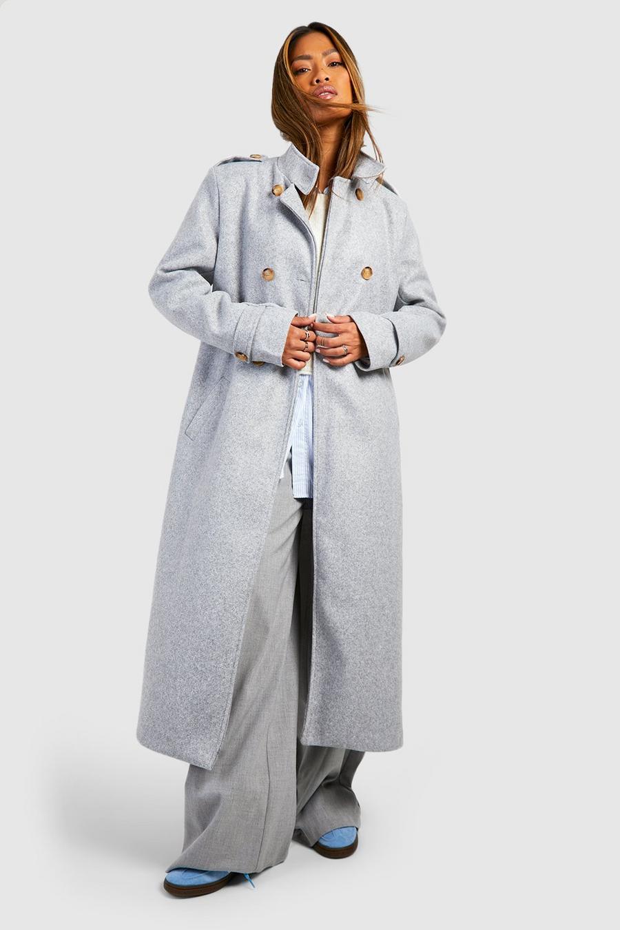 Grey Shoulder Pad Button Detail Maxi Wool Look Coat