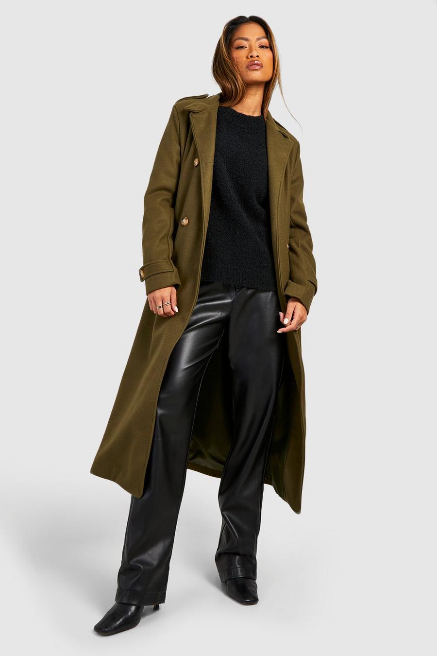 Manteau long effet laine à bouton contrastant, Khaki image number 1