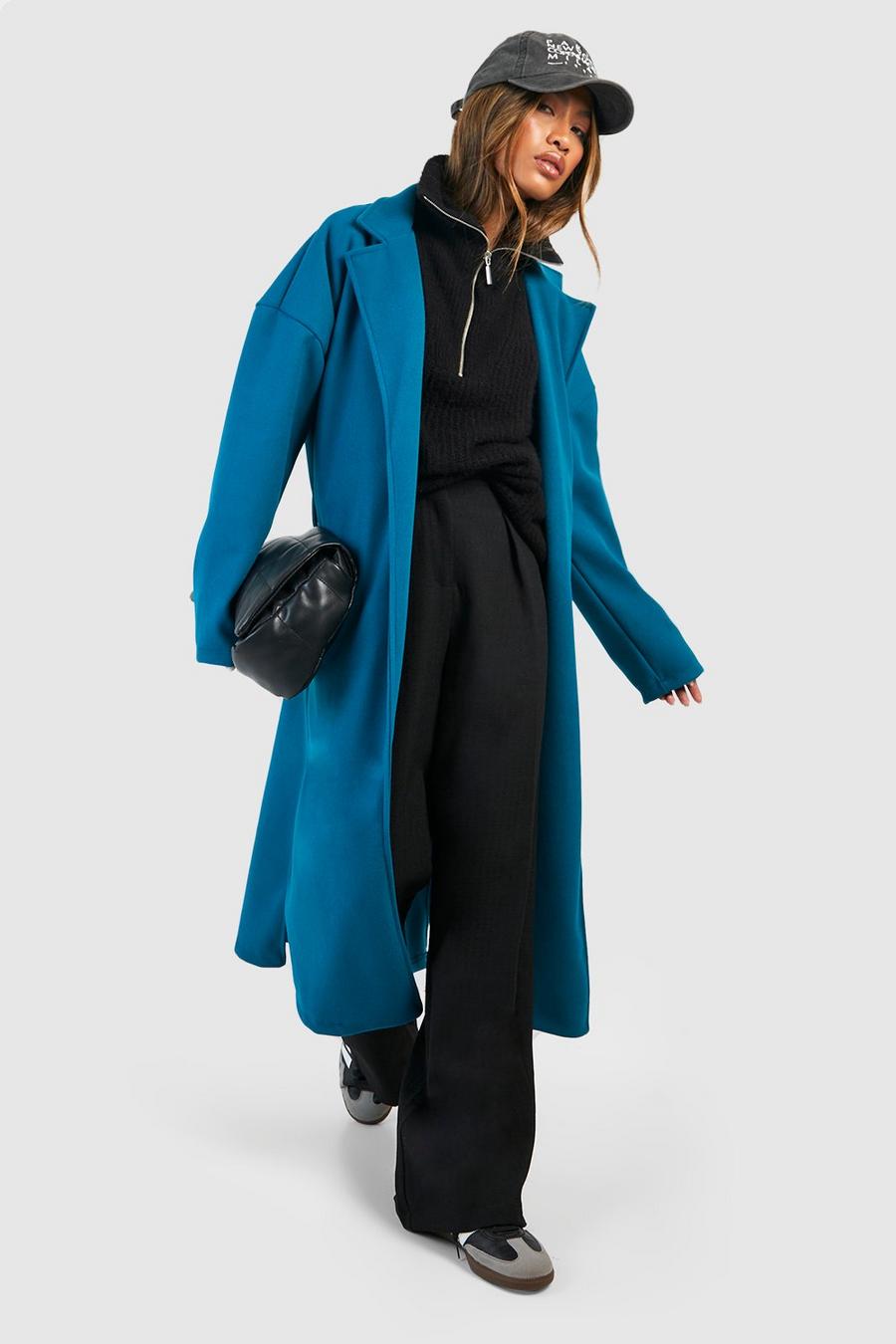 Manteau long à ceinture et épaules tombantes, Teal