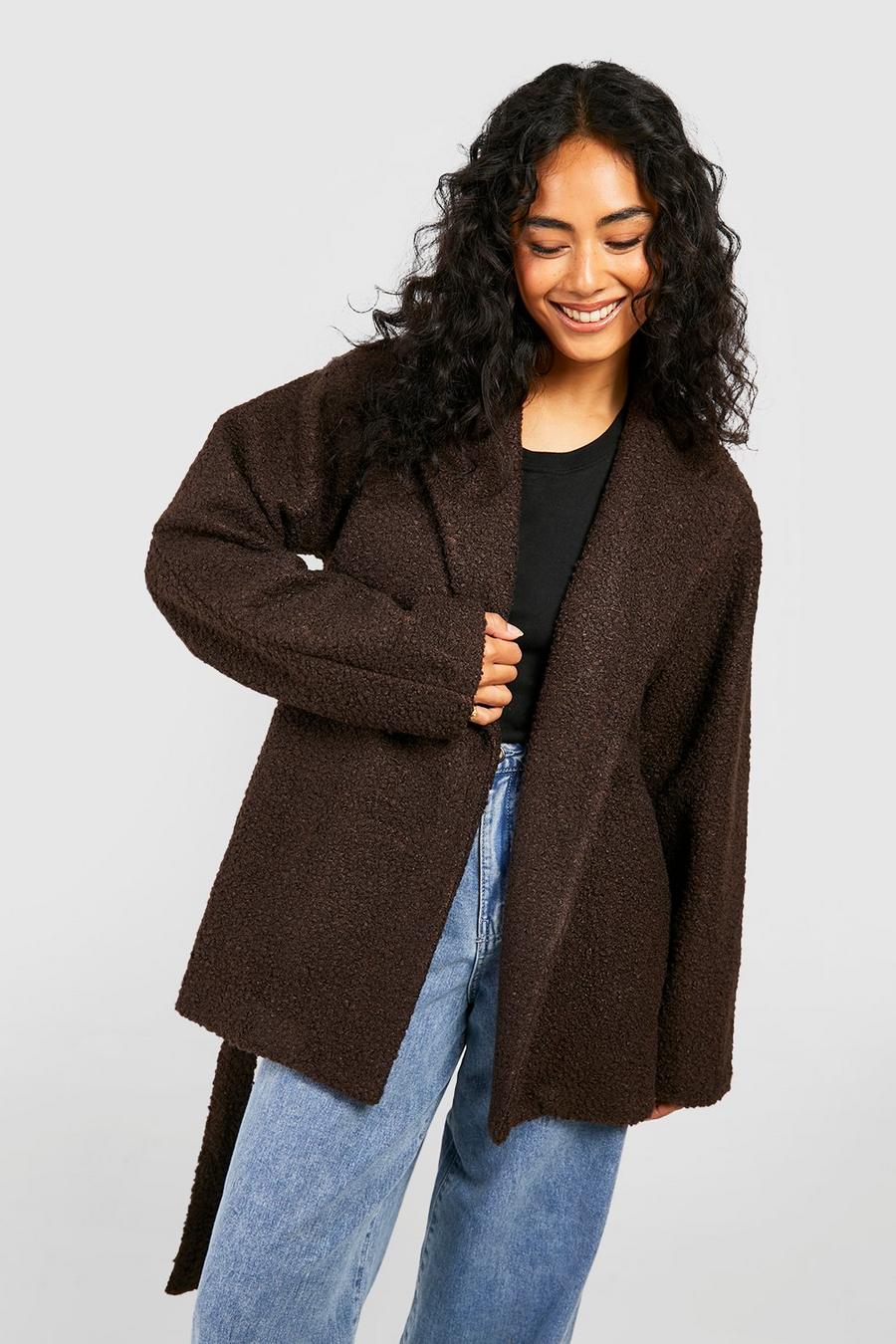 Cappotto corto effetto lana con trama e cintura, Chocolate image number 1
