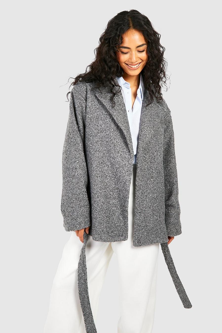Cappotto corto effetto lana con trama e cintura, Grey image number 1