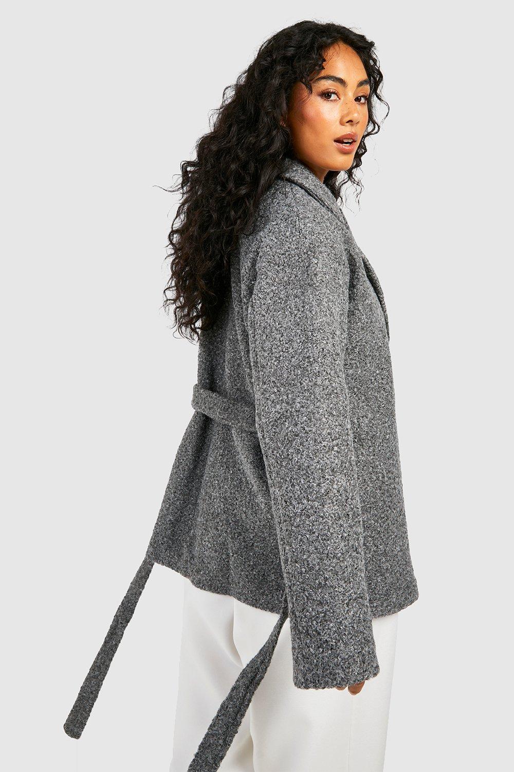 boohoo Short Belted Textured Wool Look Coat - Grey - Size 12