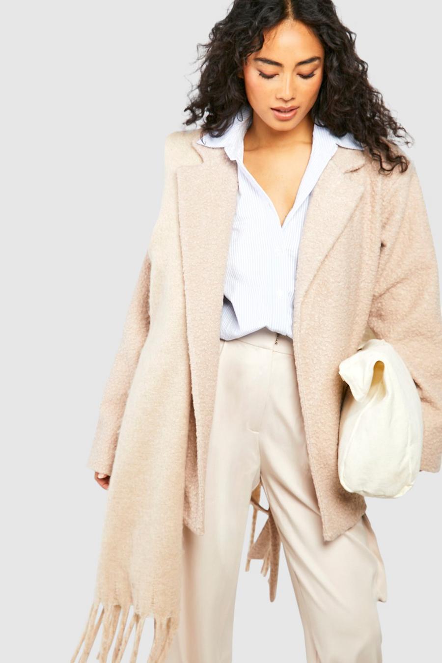 Stone Short Belted Textured Wool Look Coat