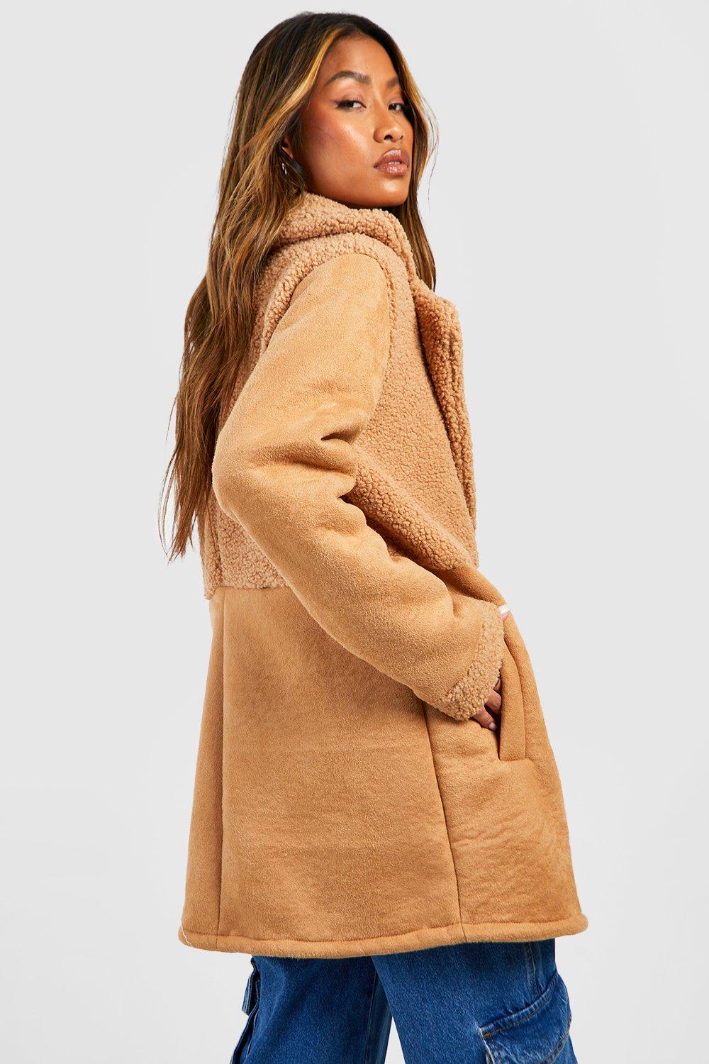 Teddy And Suede Look Mix Coat boohoo