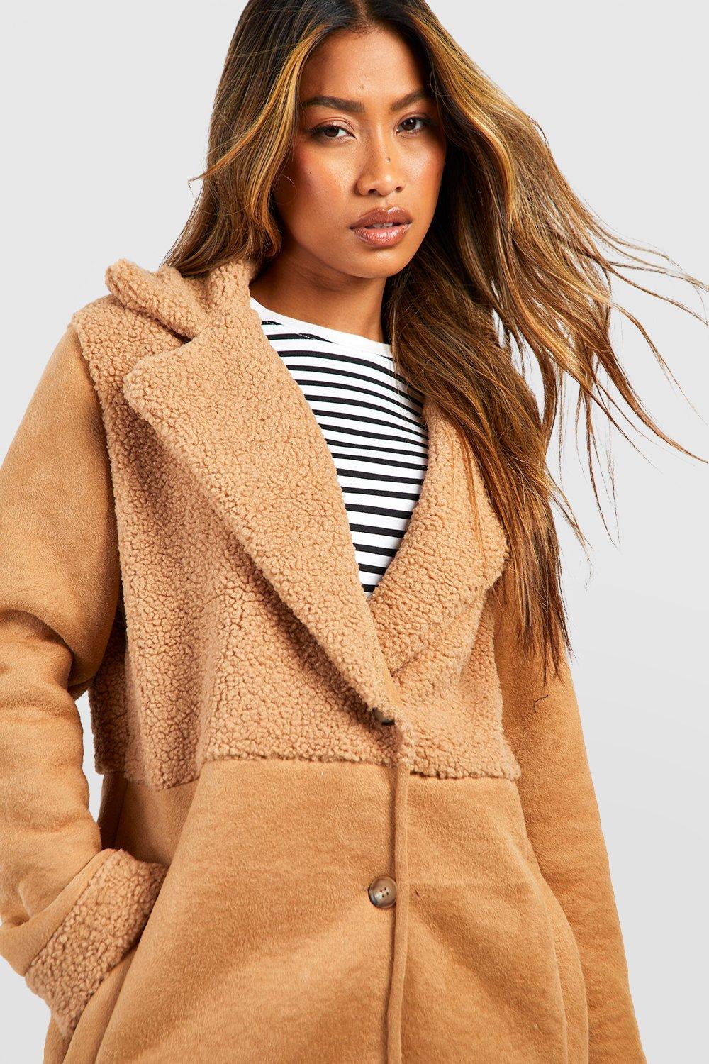 Teddy And Suede Look Mix Coat boohoo