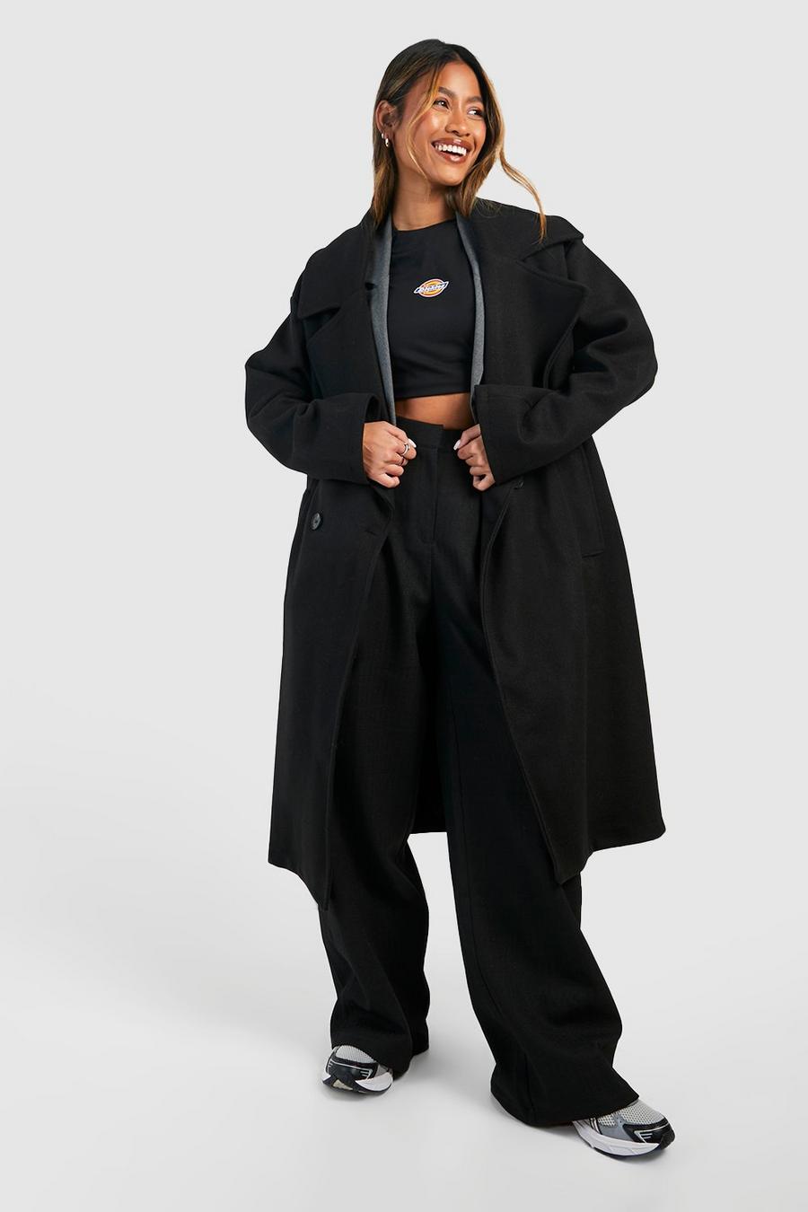 Black Dropped Shoulder Oversized Midi Wool Look Coat