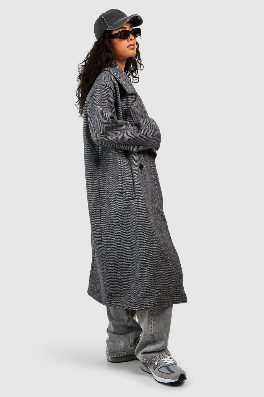 Grey Herringbone Dropped Shoulder Oversized Midaxi Wool Look Coat image number 1