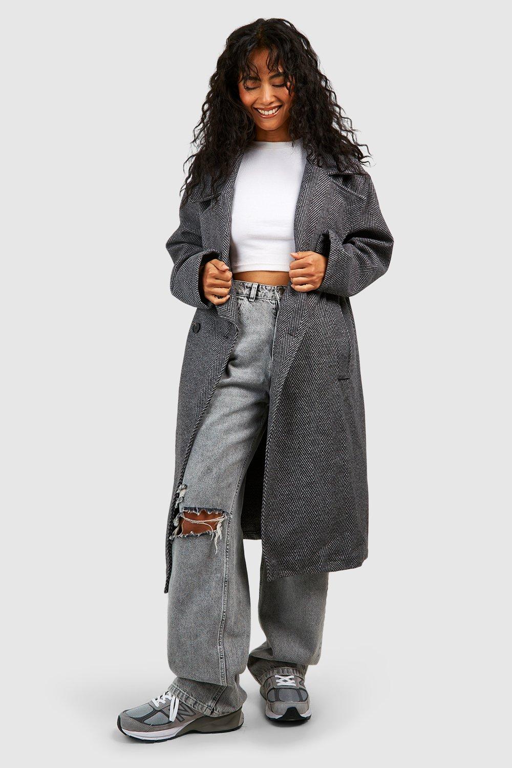 Grey Brushed Wool Look Oversized Drop Shoulder Coat