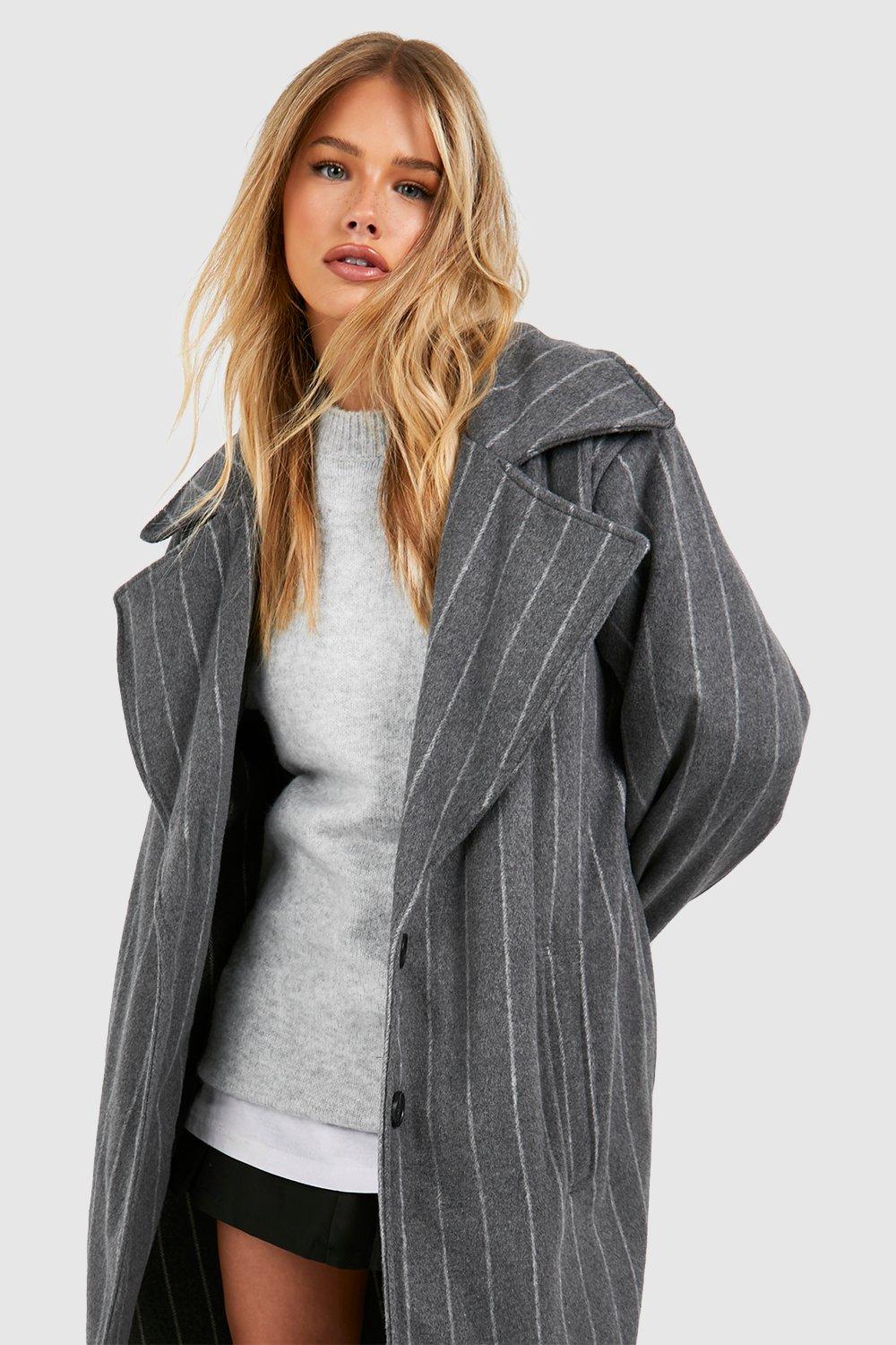 Oversized Pinstripe Shoulder Pad Midi Wool Look Coat