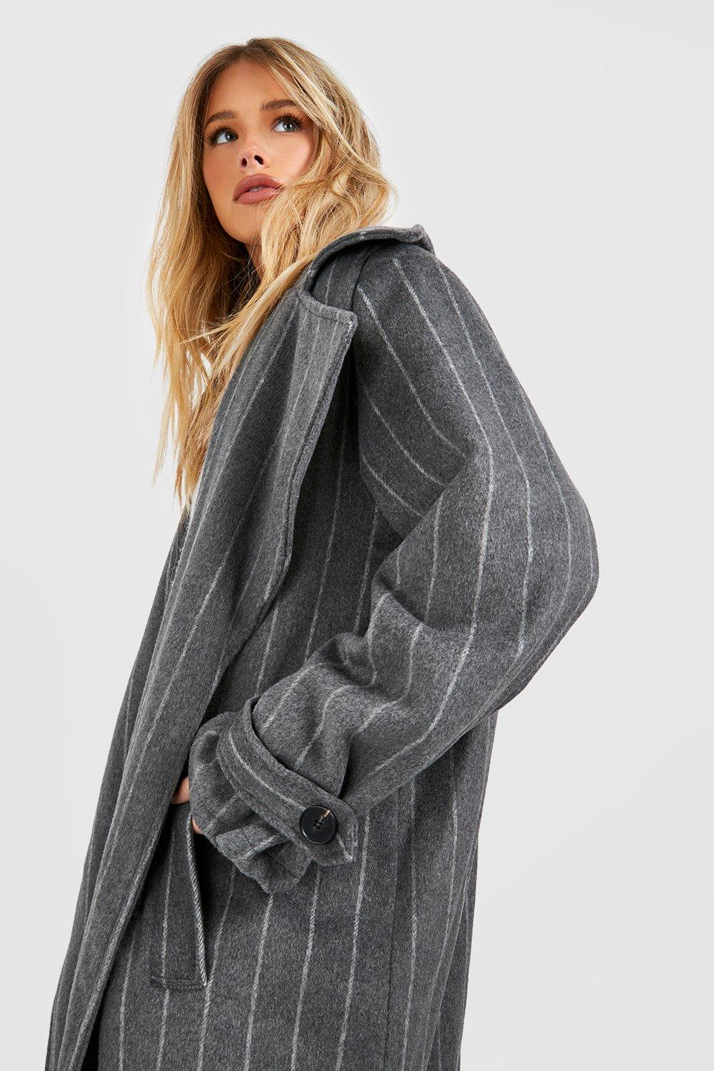 Oversized Pinstripe Shoulder Pad Midi Wool Look Coat