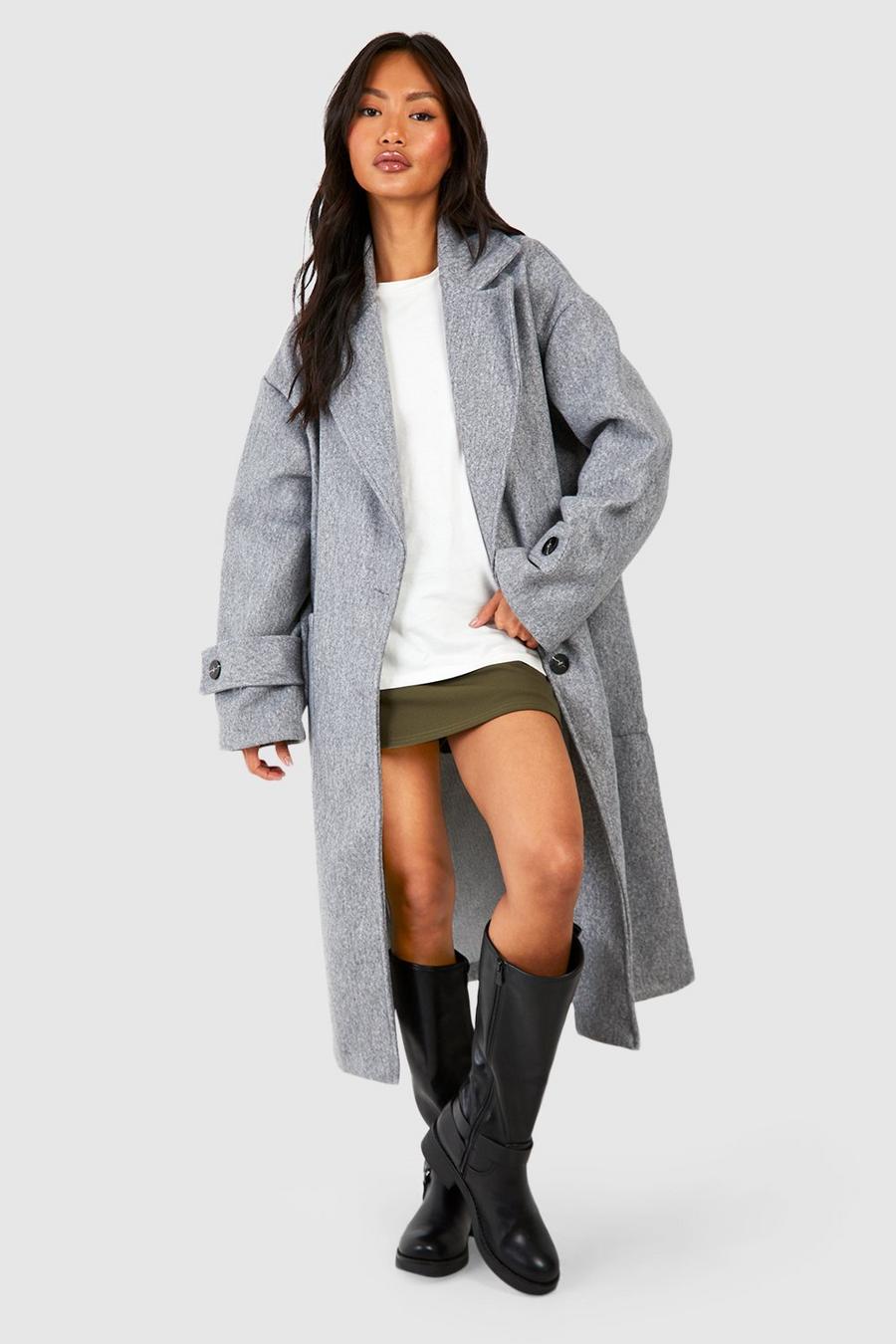 Grey Cuff Detail Oversized Wool Look Jacket image number 1