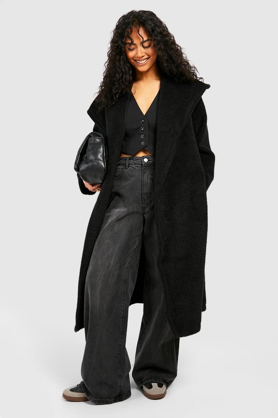 Black Textured Shawl Collar Belted Maxi Wool Look Coat image number 1