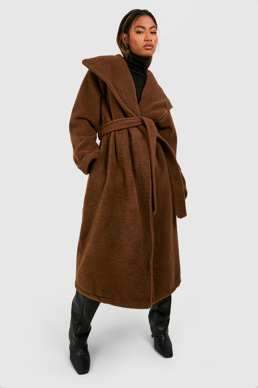 Chocolate Textured Shawl Collar Belted Maxi Wool Look Coat image number 1